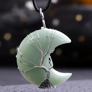 Green Aventurine Crescent Moon Natural Gemstone Tree Of Life Wire Wrap Pendant